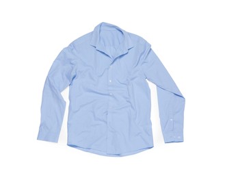 Crumpled light blue shirt on white background, top view