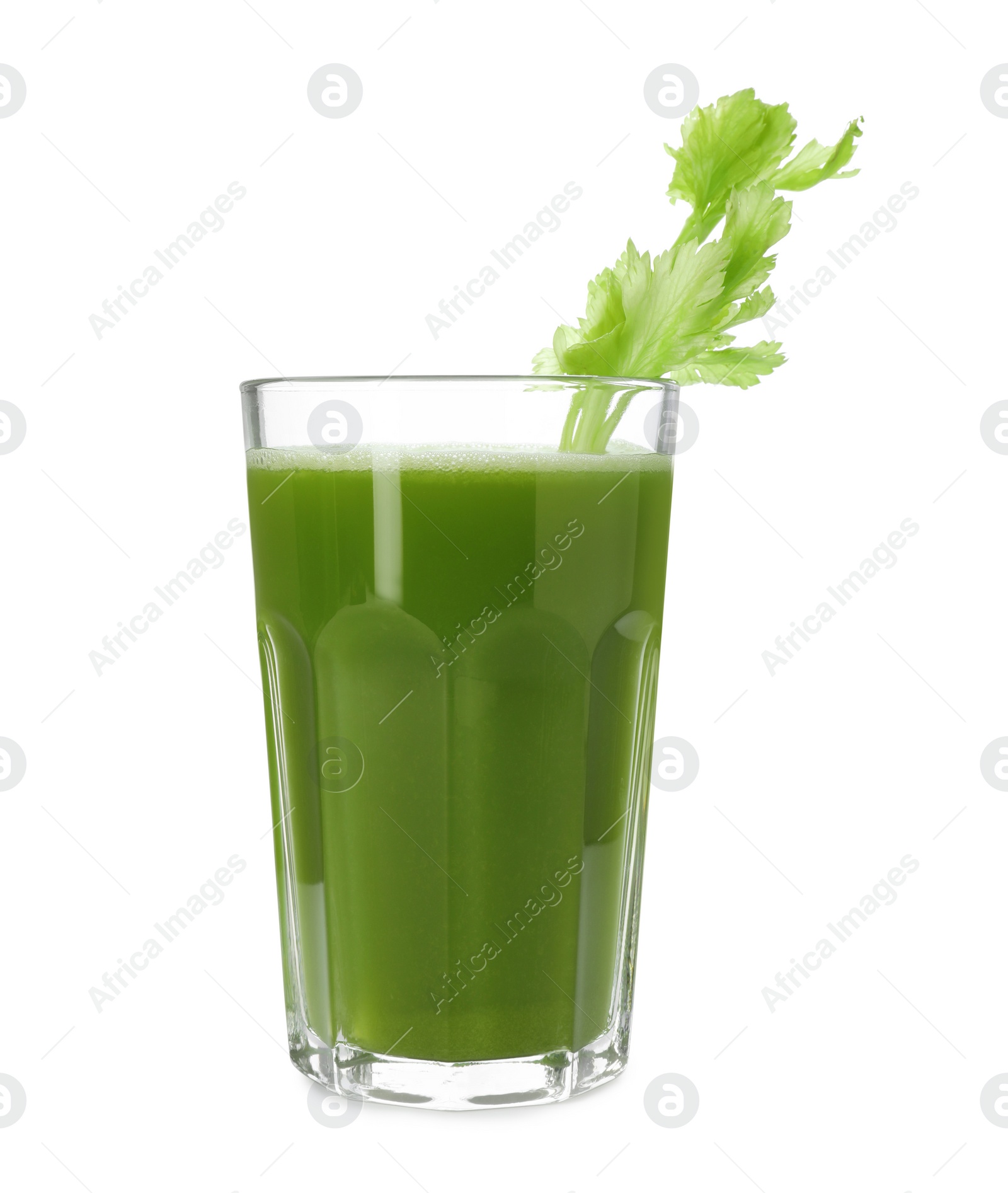 Photo of Glass of fresh celery juice on white background