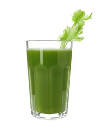 Glass of fresh celery juice on white background