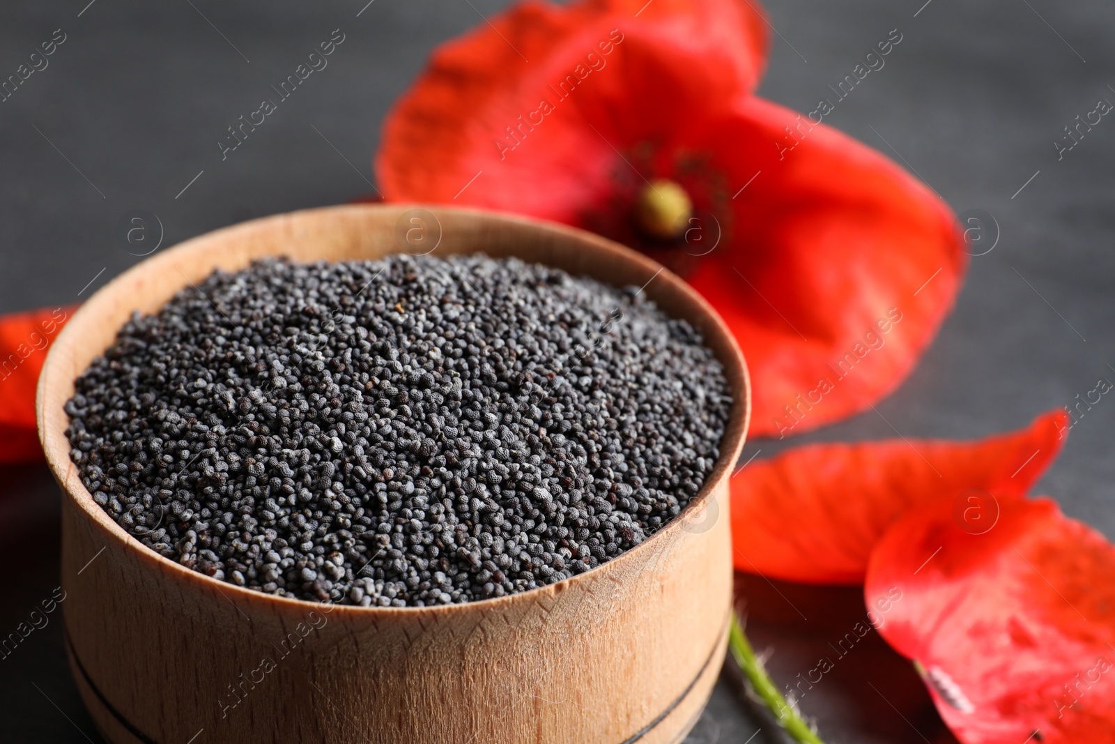Photo of Wooden bowl of poppy seeds and flowers on table, closeup with space for text