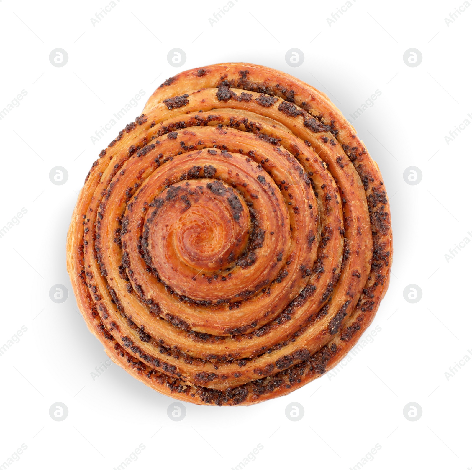 Photo of Freshly baked spiral pastry isolated on white, top view