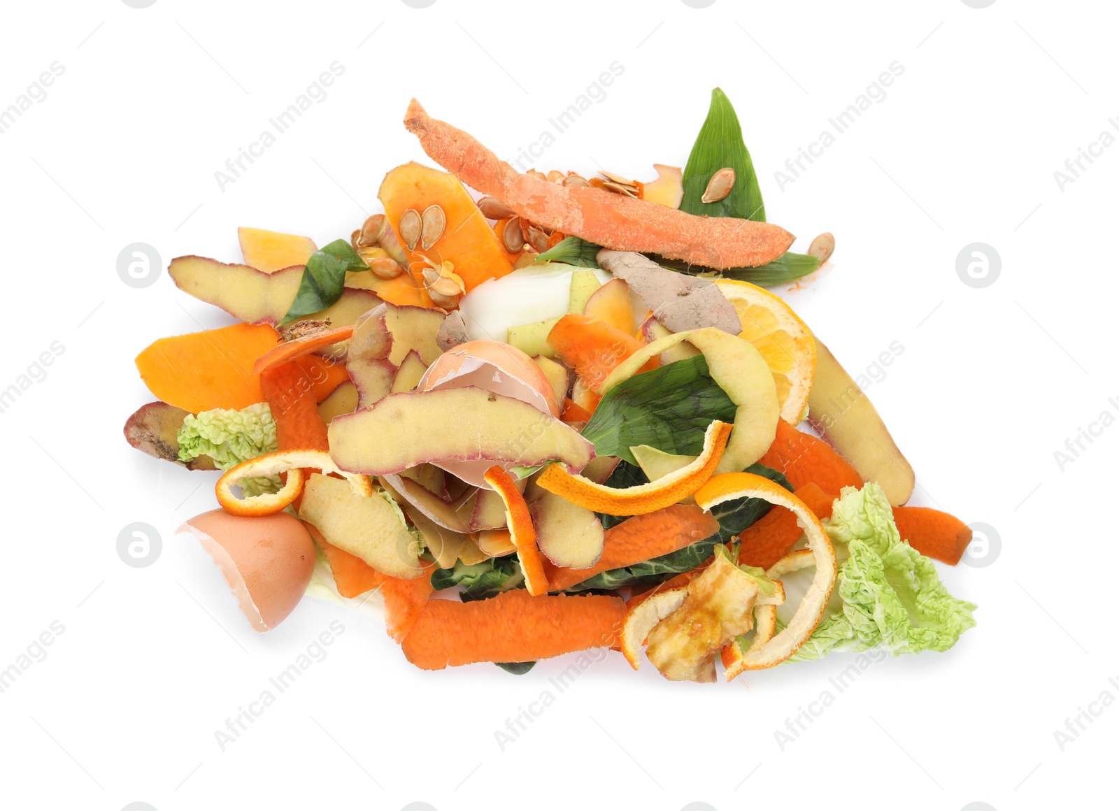 Photo of Pile of organic waste for composting on white background, top view