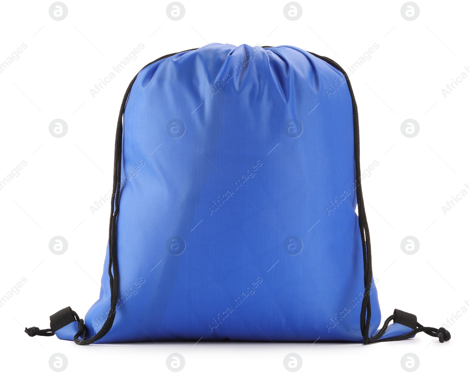 Photo of One blue drawstring bag isolated on white