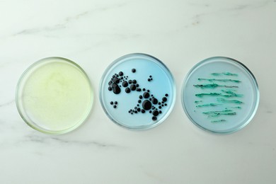 Photo of Petri dishes with different bacteria colonies on white marble table, flat lay