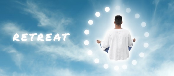 Wellness retreat. Man meditating in blue sky, back view. Banner design