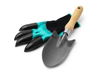 Claw gardening glove and trowel isolated on white