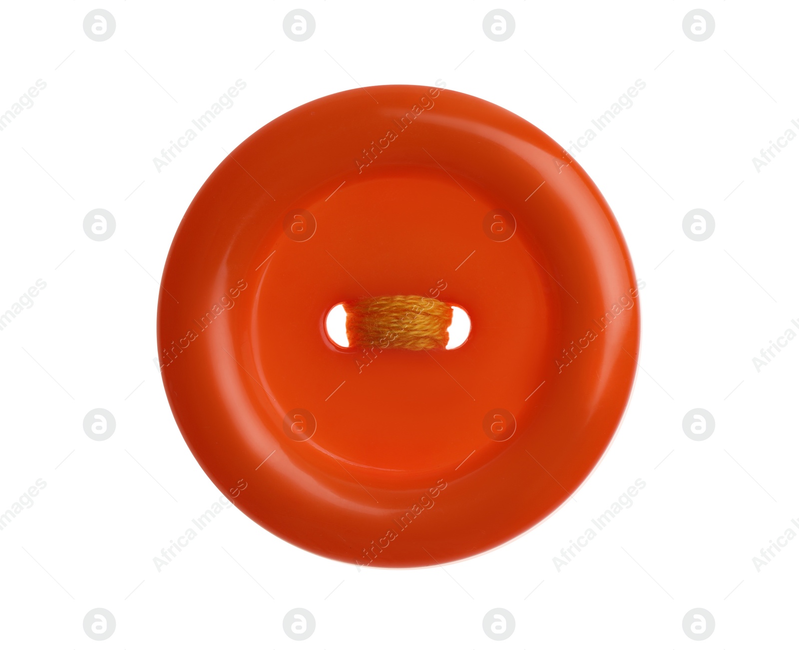 Photo of Orange plastic sewing button isolated on white, top view