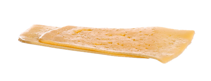 Photo of Tasty cheese slices isolated on white. Sandwich ingredient