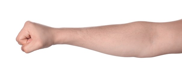 Photo of Man showing fist on white background, closeup