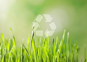 Green grass and illustration of recycling symbol on blurred background