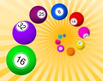 Illustration of Whirl of lottery balls on orange background