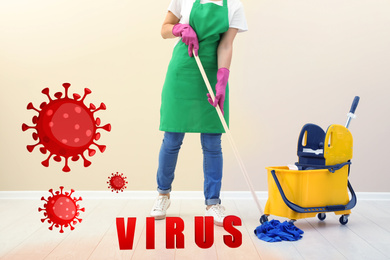 Cleaning vs viruses. Woman washing floor with mop and disinfecting solution