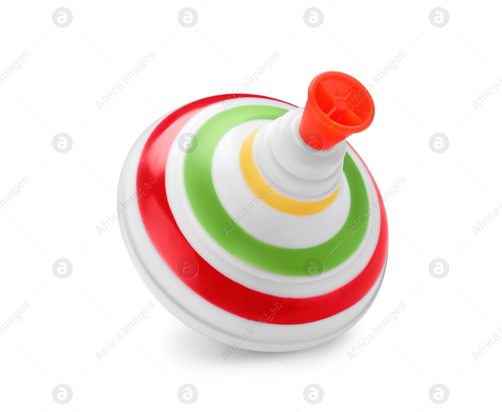 Photo of One bright spinning top isolated on white. Toy whirligig