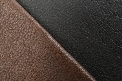 Photo of Brown and black types of leather as background, above view