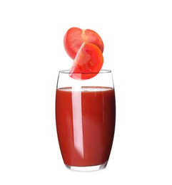 Image of Freshly made tomato juice on white background. Cut tomato falling into glass