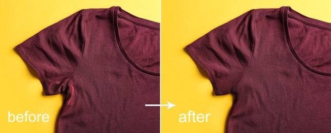 Image of Dark red t-shirt with old deodorant stain before and after washing on yellow background, top view