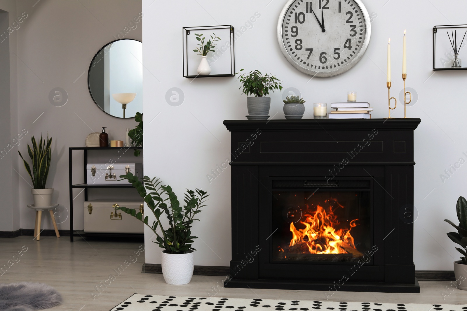 Photo of Stylish living room interior with fireplace and green plants