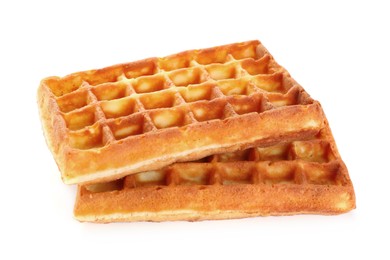 Photo of Two delicious Belgian waffles on white background