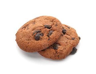 Photo of Tasty chocolate chip cookies on white background