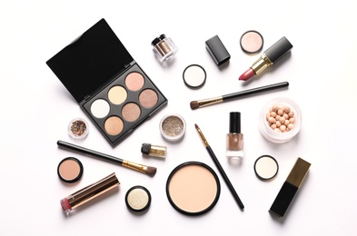 Photo of Set of luxury makeup products on white background, top view