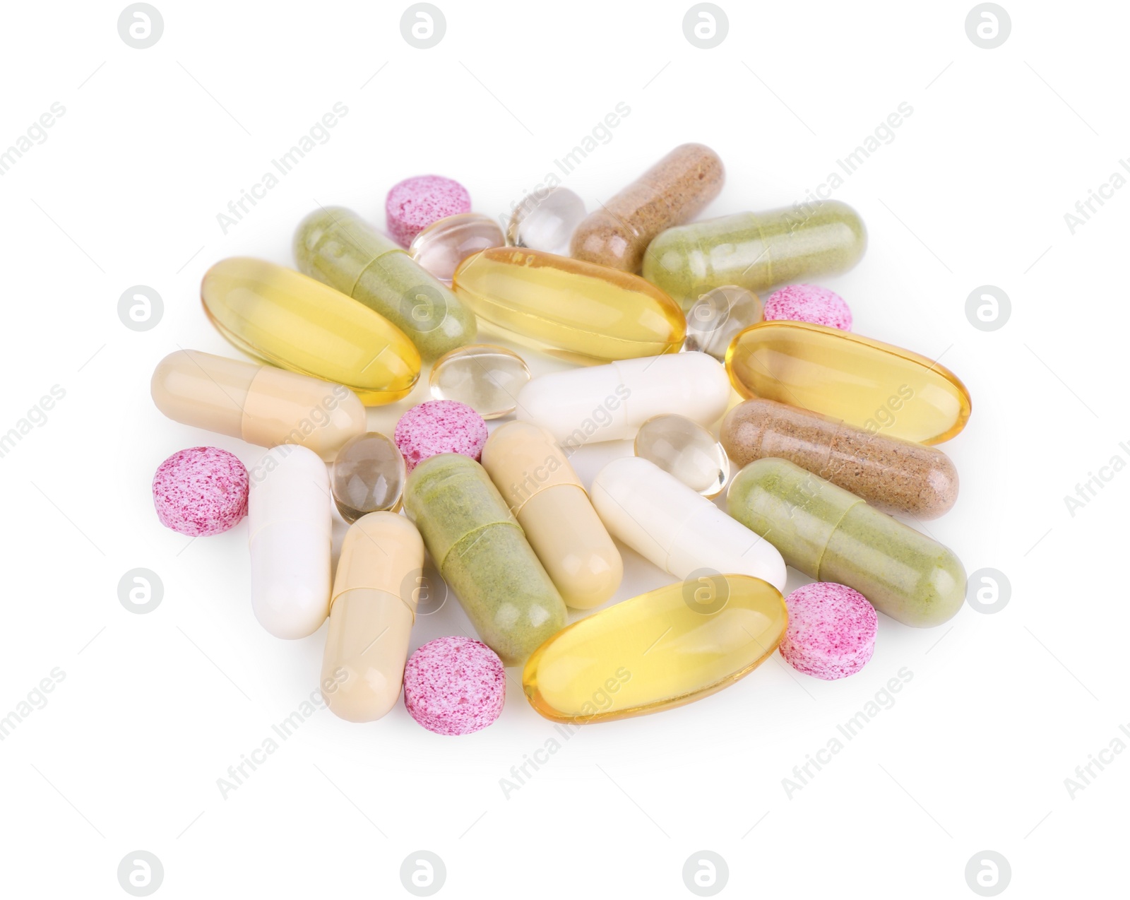 Photo of Many different vitamin pills isolated on white