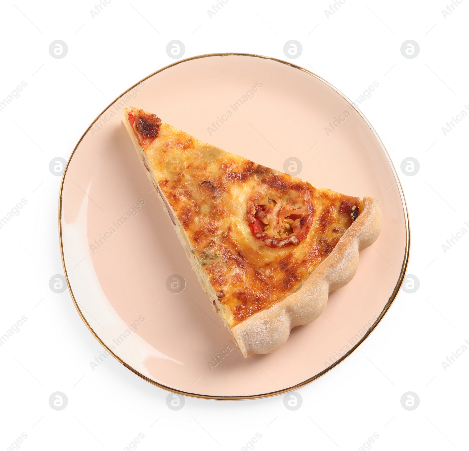 Photo of Piece of delicious homemade vegetable quiche isolated on white, top view