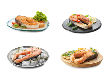 Image of Set with fresh raw and cooked salmon steaks on white background. Fish delicacy