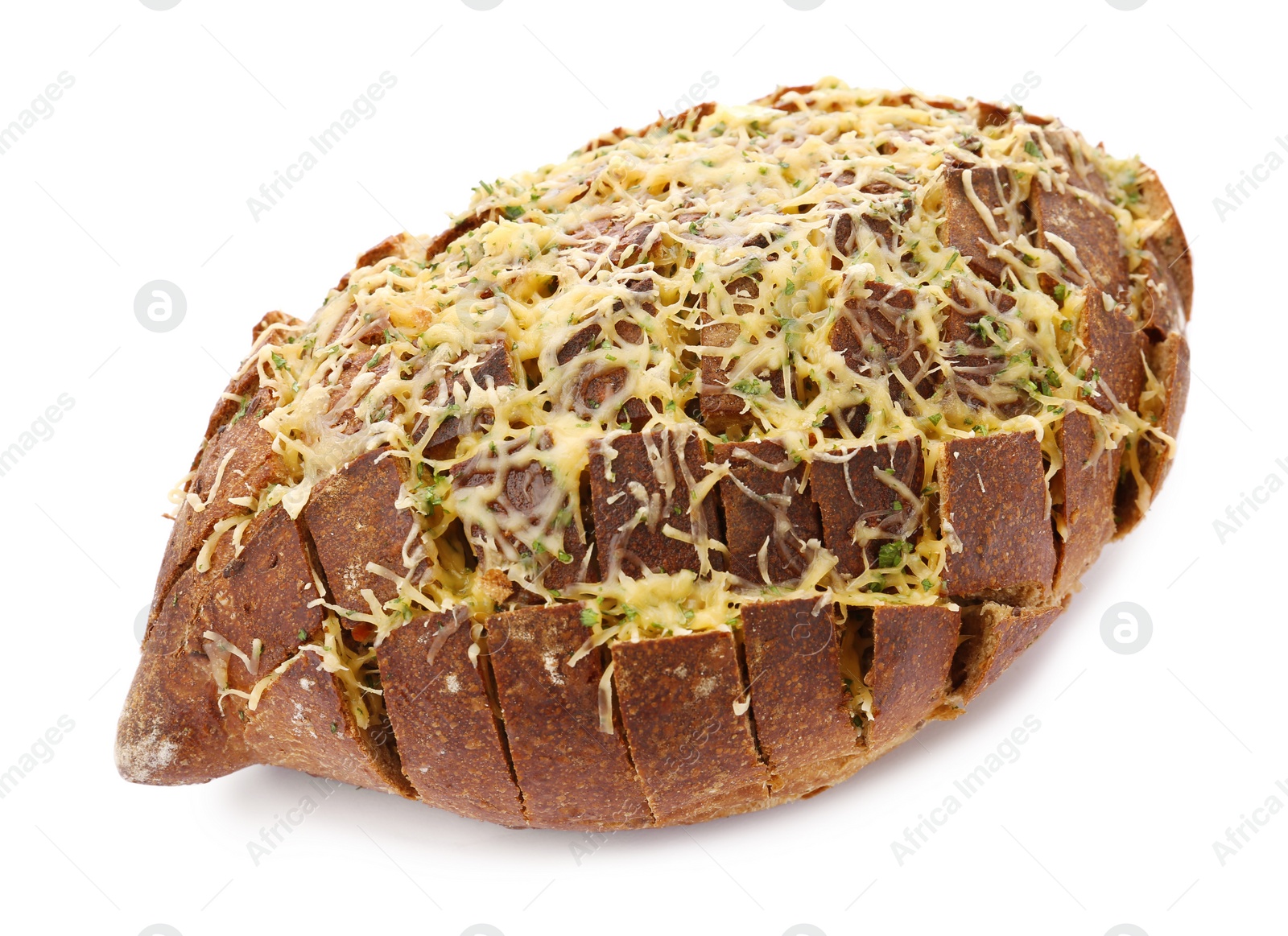 Photo of Tasty homemade garlic bread with cheese and herbs on white background