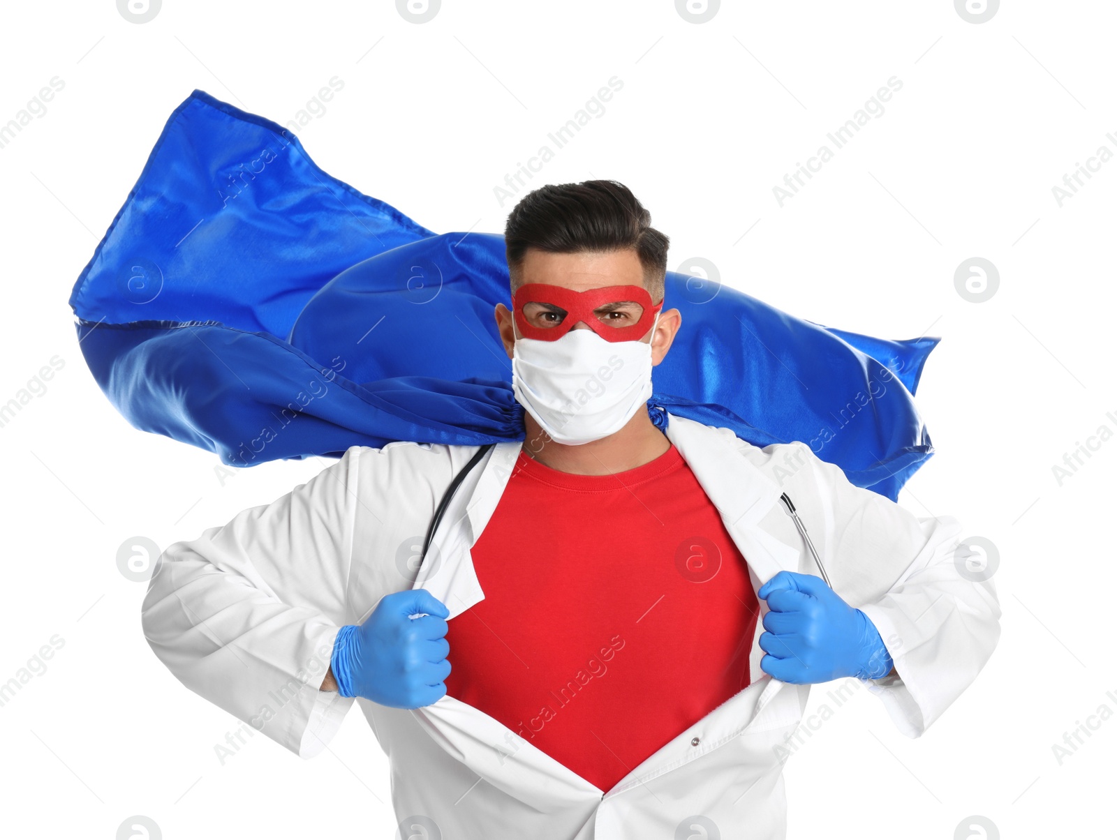 Photo of Doctor wearing face mask and cape on white background. Super hero power for medicine