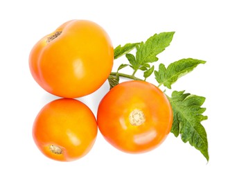 Photo of Fresh ripe yellow tomatoes with leaves on white background, top view