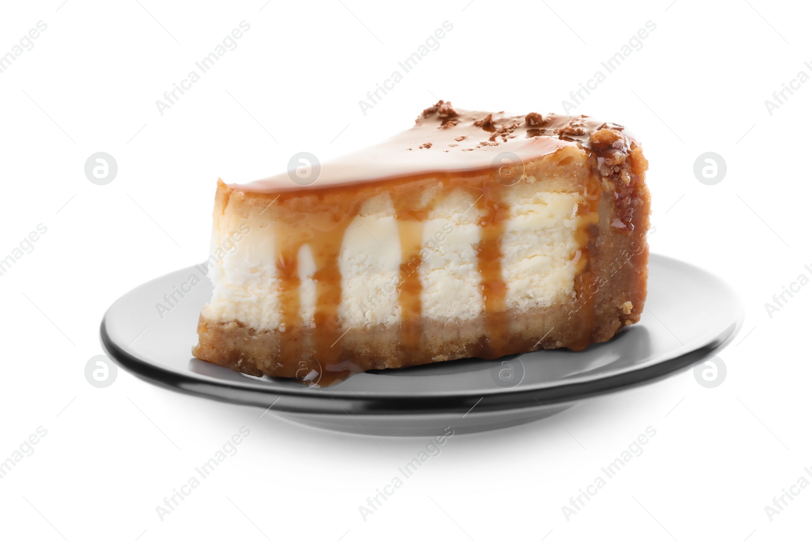 Photo of Piece of delicious cake with caramel isolated on white