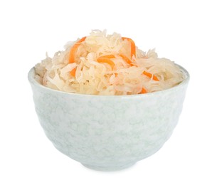 Photo of Bowl of tasty sauerkraut with carrot on white background