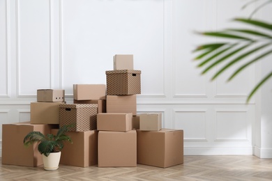 Photo of Heap of cardboard boxes and houseplant near white wall indoors. Moving day