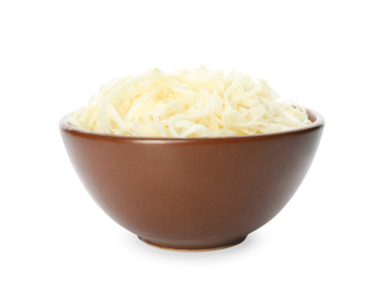 Photo of Bowl of tasty fermented cabbage isolated on white