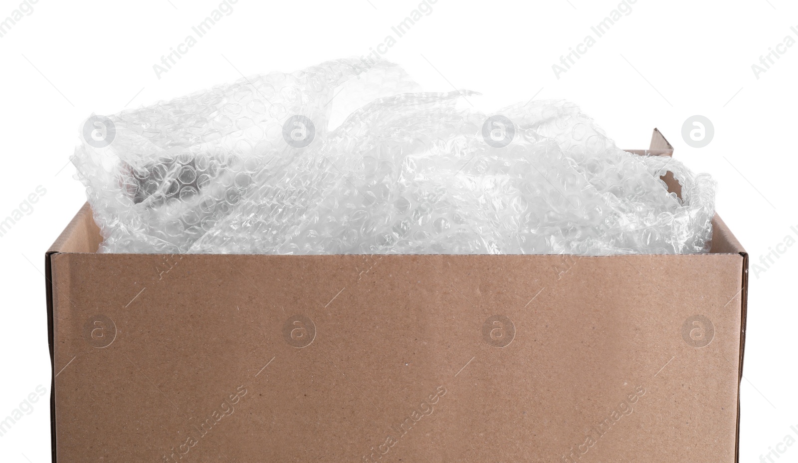 Photo of Transparent bubble wrap in cardboard box isolated on white