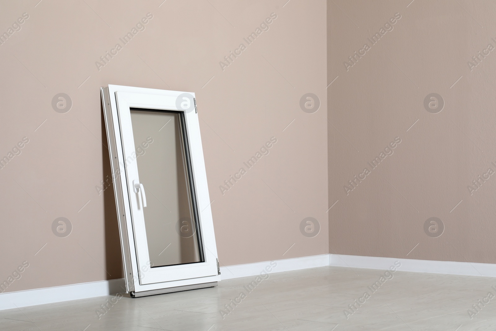 Photo of Modern single casement window near beige wall indoors, space for text