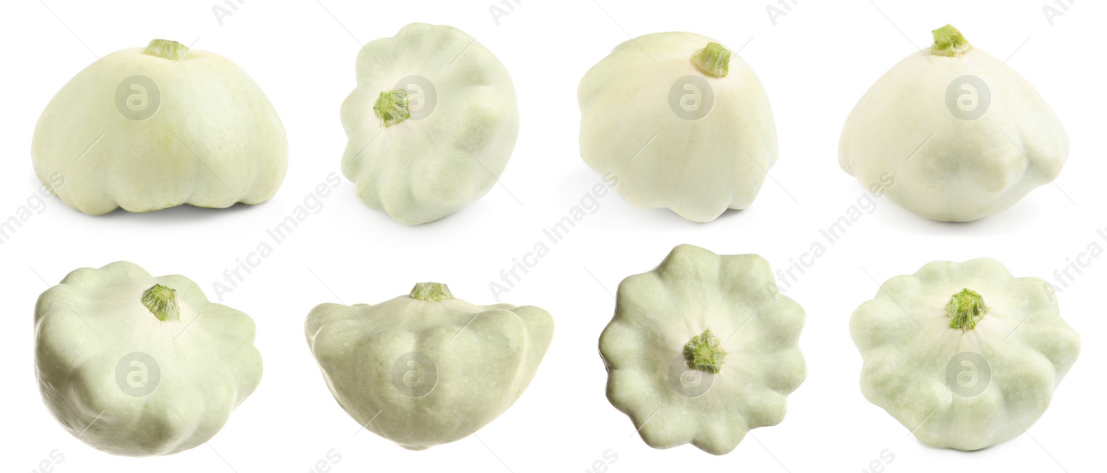 Image of Set with fresh ripe pattypan squashes on white background. Banner design