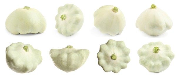 Image of Set with fresh ripe pattypan squashes on white background. Banner design