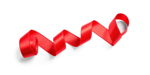 Photo of Simple red ribbon on white background, top view