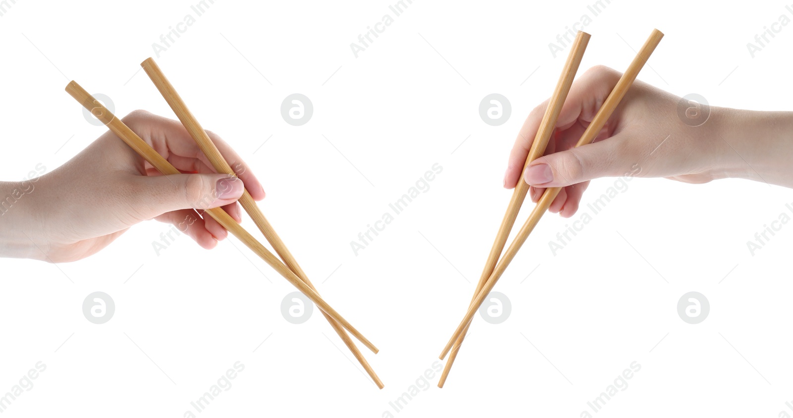 Image of Woman holding chopsticks isolated on white, closeup. Collage with photos