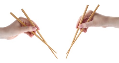 Image of Woman holding chopsticks isolated on white, closeup. Collage with photos