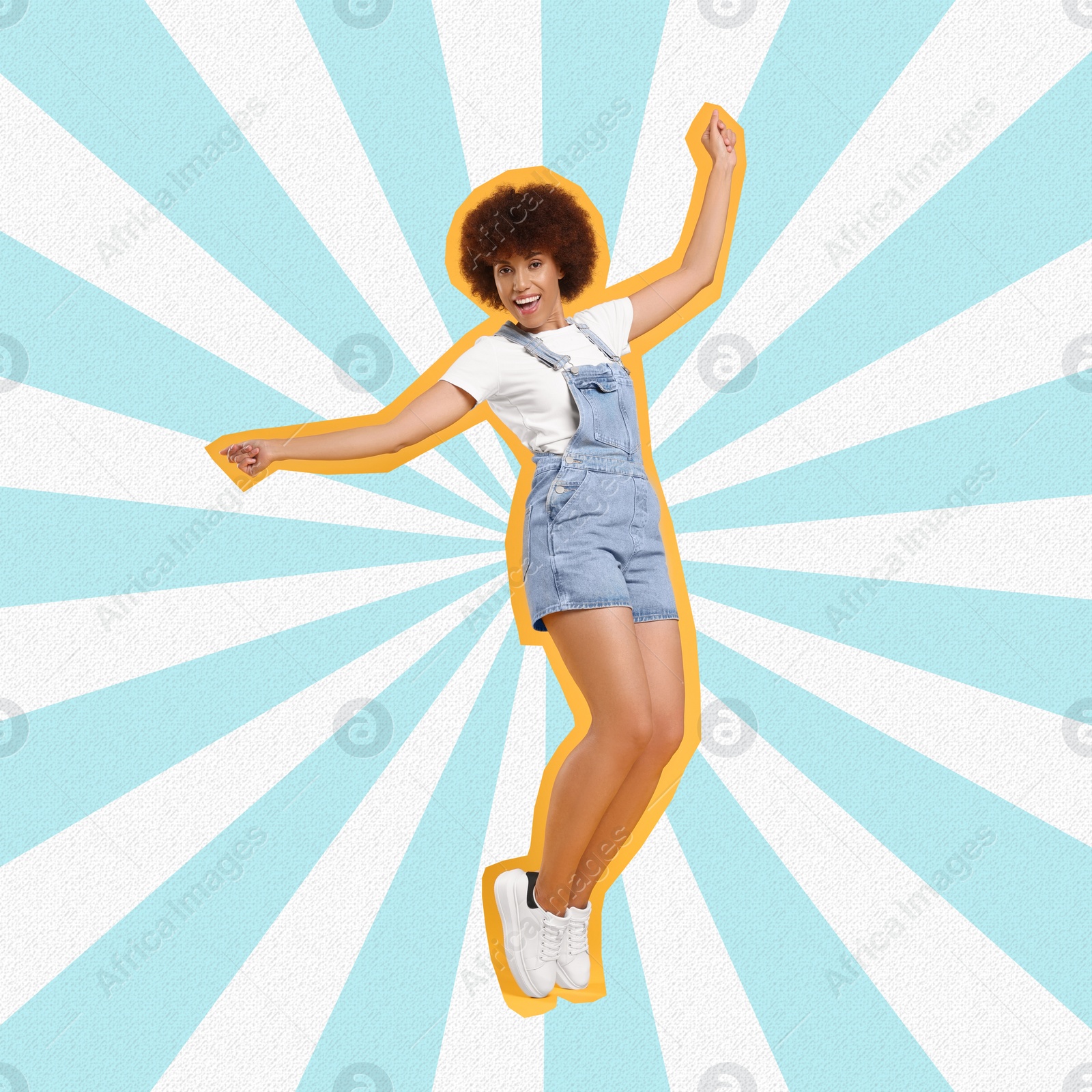 Image of Pop art poster. Beautiful young woman dancing on bright striped background, pin up style