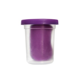 Photo of Plastic container of purple play dough isolated on white