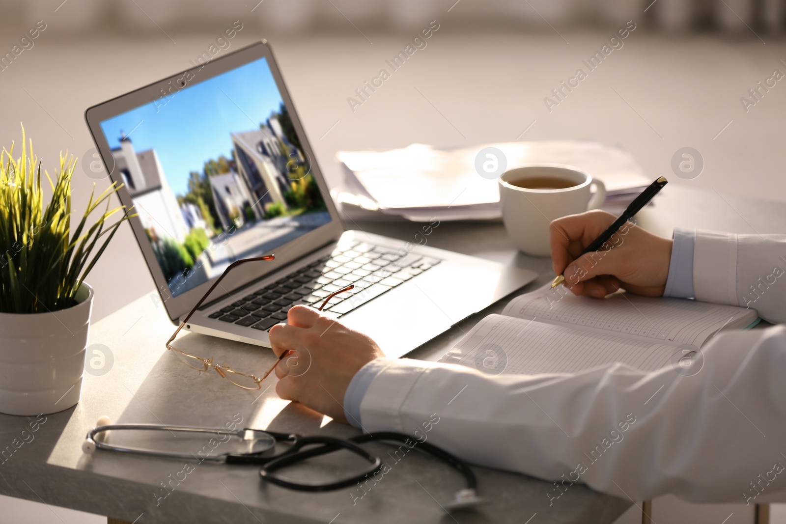 Image of Real estate agency online service. Doctor choosing new house via laptop, closeup