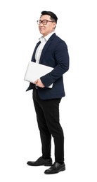 Photo of Businessman in suit with laptop on white background