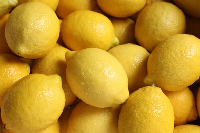 Fresh lemons with water drops as background, closeup