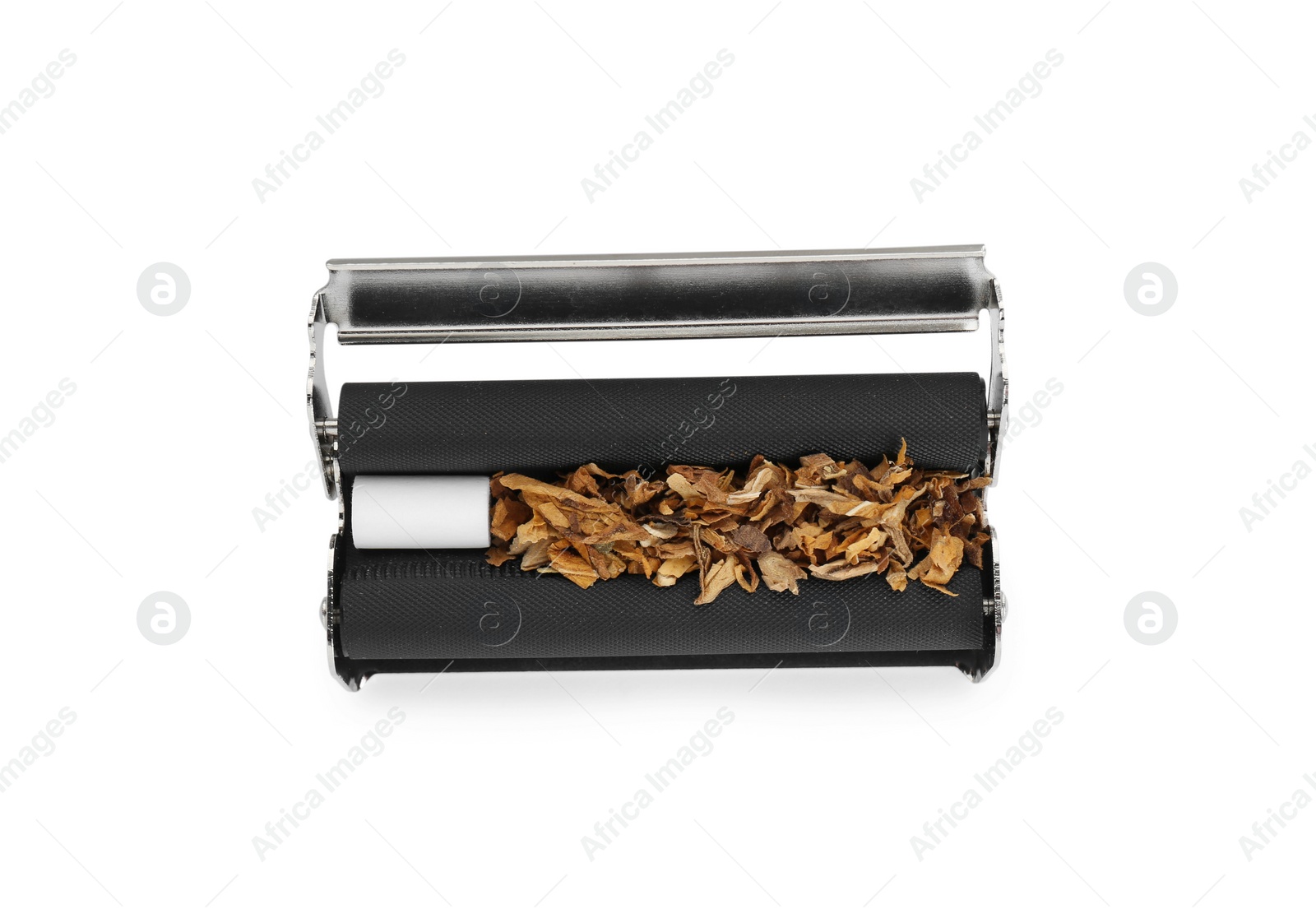 Photo of Cigarette roller with tobacco and filter isolated on white, top view