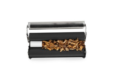 Photo of Cigarette roller with tobacco and filter isolated on white, top view