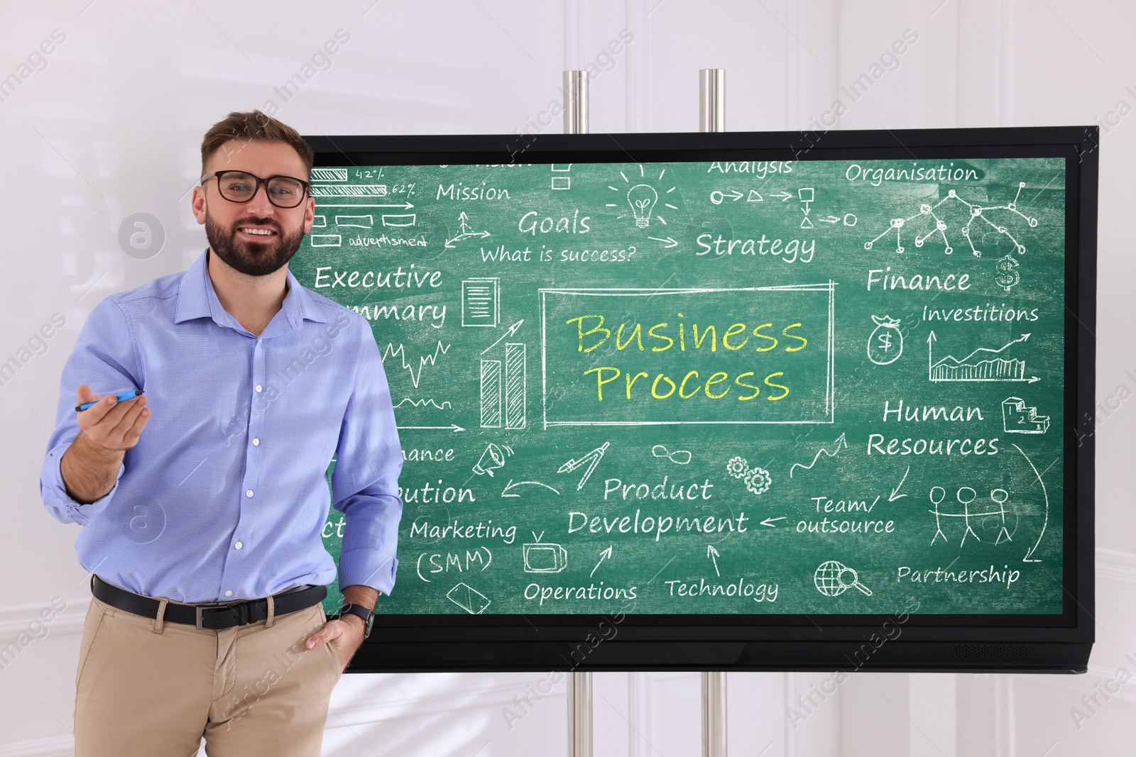 Photo of Business trainer near interactive board in meeting room