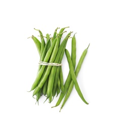 Photo of Delicious fresh green bean on white background, top view